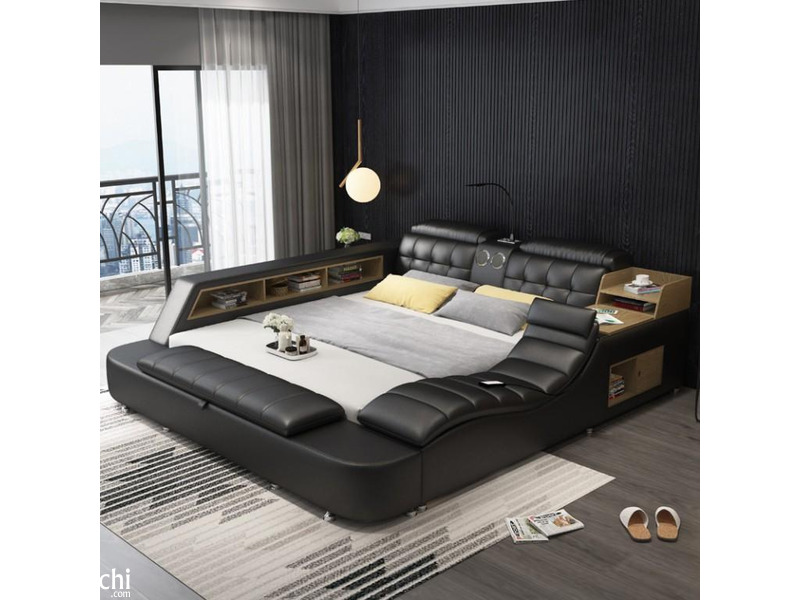 Ultra Deluxe Modern Massage leather fabric bed furniture set - 1