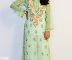 Buy Hand Embroidered Lucknowi Chikan Kurti With Palazzo Light Green